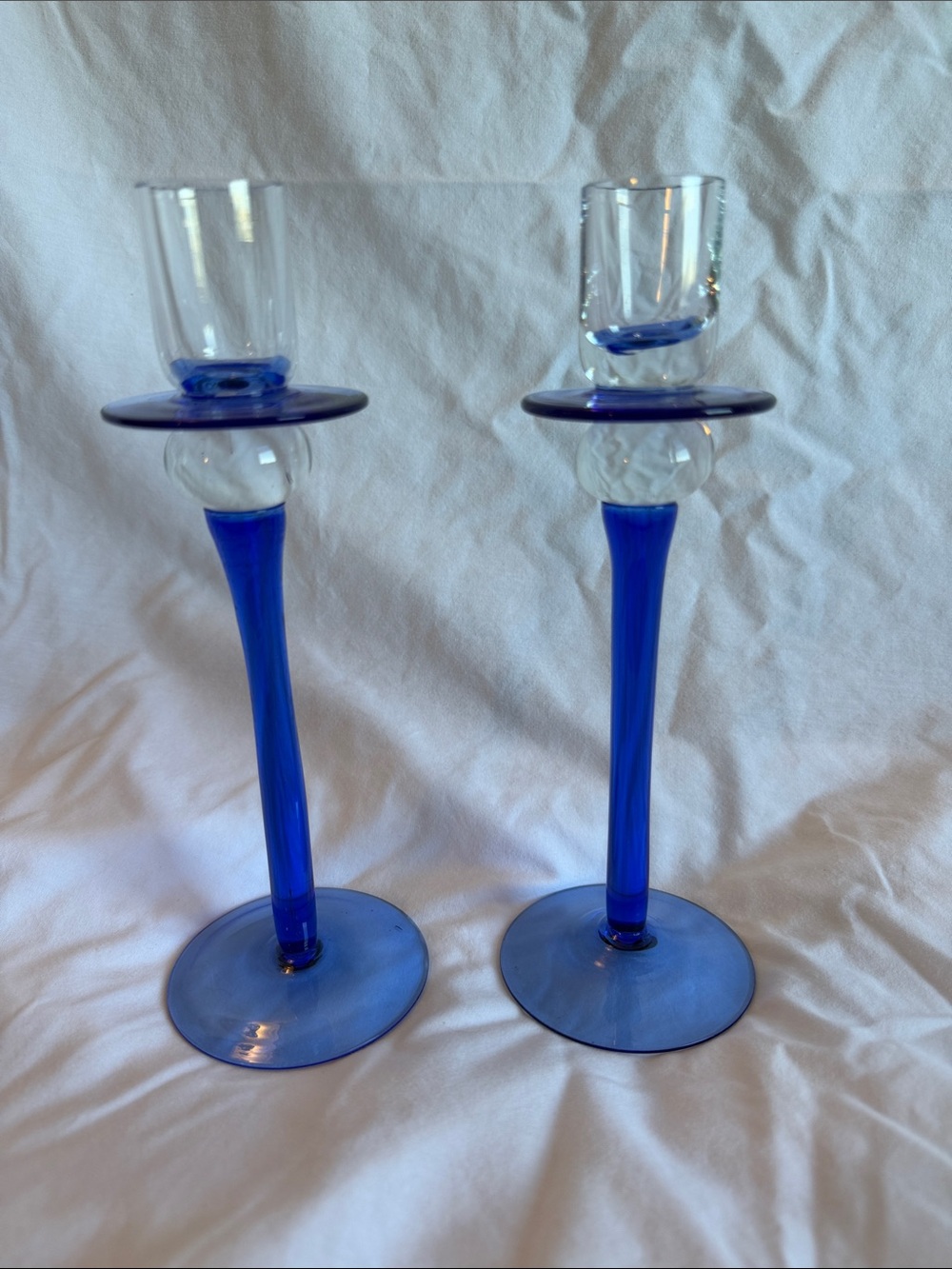 Vintage Hand-Blown Art Glass Candlestick Holders - Cobalt Blue & Clear Set of 2